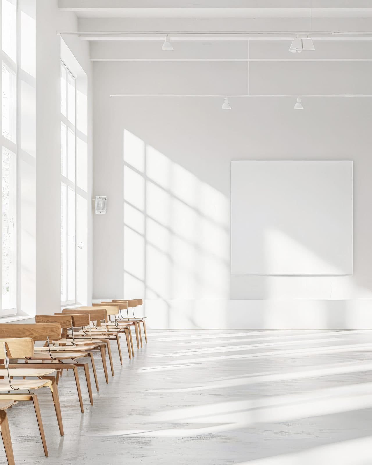 An empty, sunlit training room